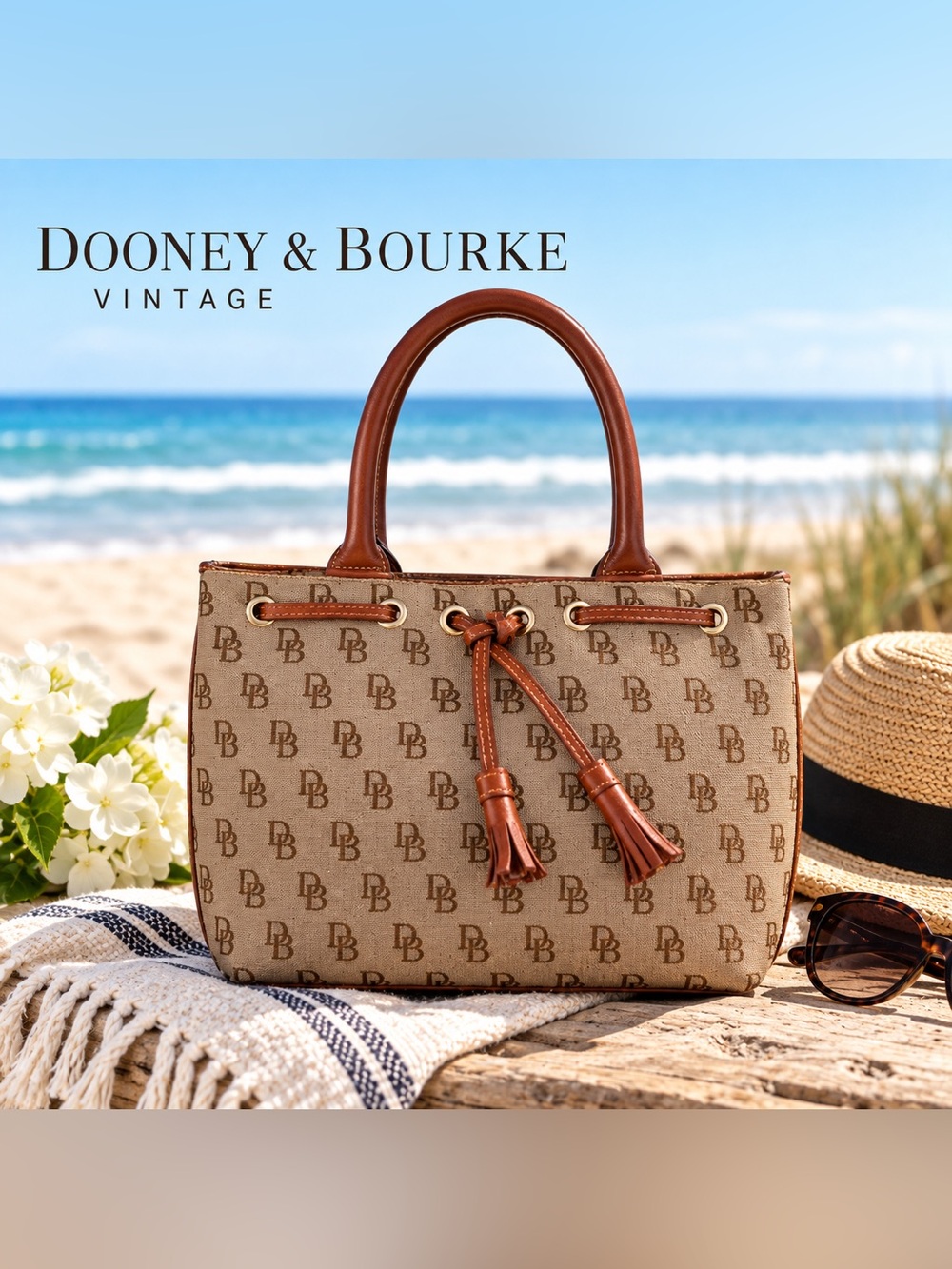 Vintage Dooney & Bourke USA-Made DB Monogram Drawstring Tote Bag Brown Tan